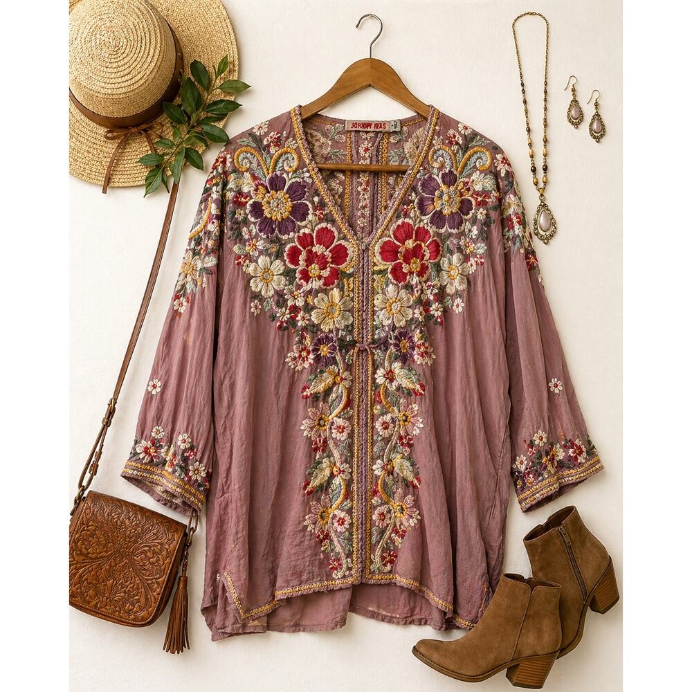 Johnny Was Evangeline Floral Embroidered Boho Lagenlook Top Dusty Mauve Pink